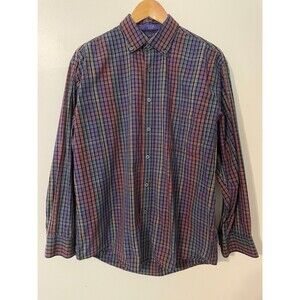 Alan Flusser Mens Button Down Dress Shirt Medium 15 Neck Multicolor Check Plaid